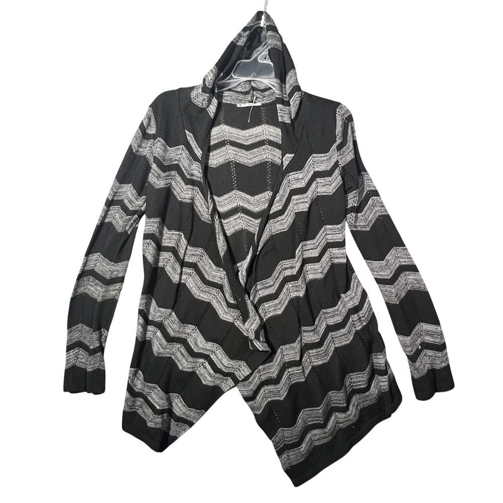 Poppy's Women's Hooded Open Cardigan Sweater Black Gray Chevron Knit